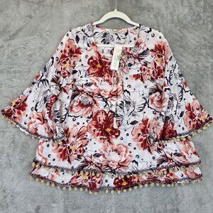 Soft Surroundings Rosada Blouse Womens Small Pink Floral Pom Pom Boho Top NWT